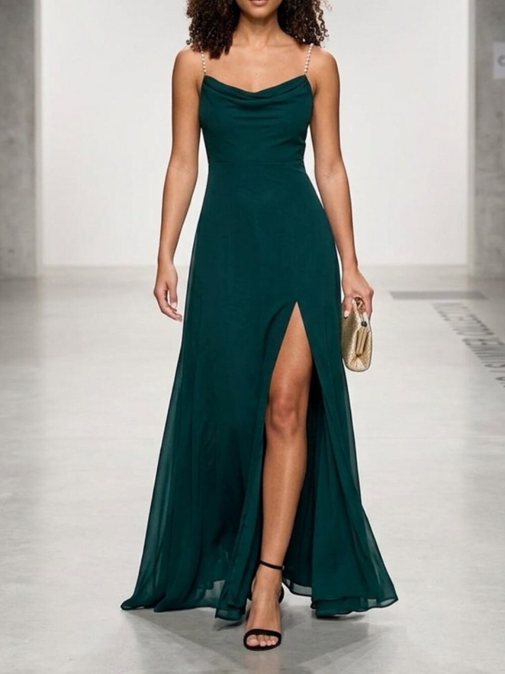 City Studios Juniors Drape Neck Faux Peal Strap Gown Junior Size 3/4 Deep Forest